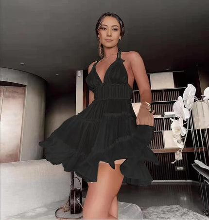 Ruffle mini dress with sheer layered V-neck and tiered skirt, black, sleeveless