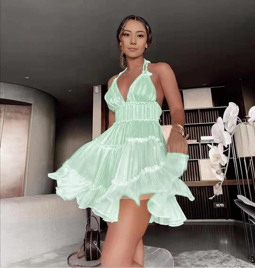 Sleeveless V-Neck Ruffle Detail Layered Sheer Dress