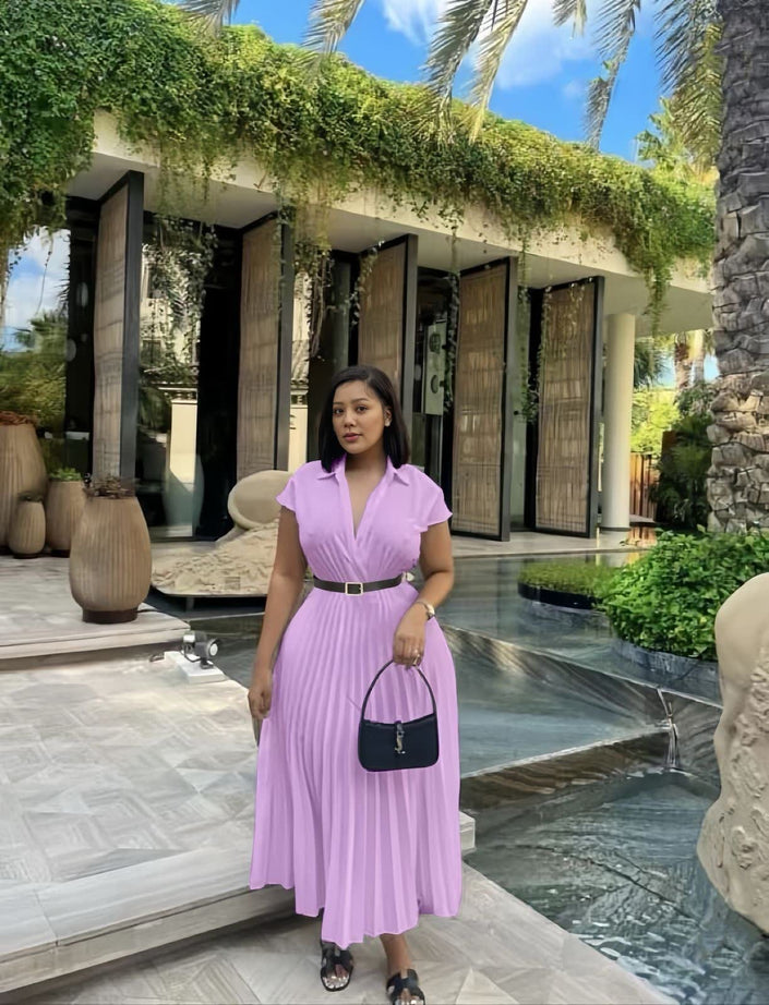 Light-purple pleated midi dress with belted waist and short sleeves