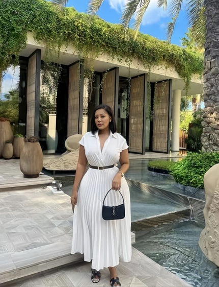White pleated midi dress with belted waist and short sleeves