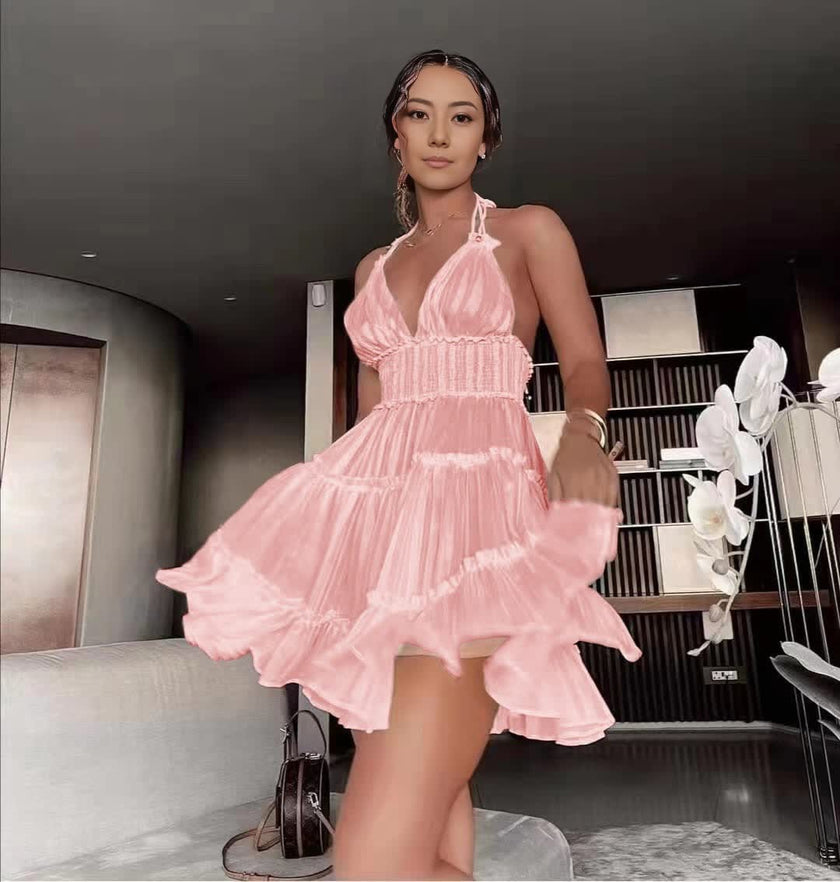 Sleeveless V-Neck Ruffle Detail Layered Sheer Dress