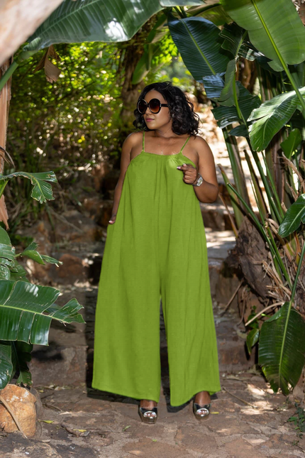 Green-yellow sleeveless loose-fit jumpsuit with wide legs and adjustable straps