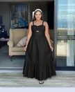 Black sleeveless maxi dress with bow at bust and tiered ruffle hem