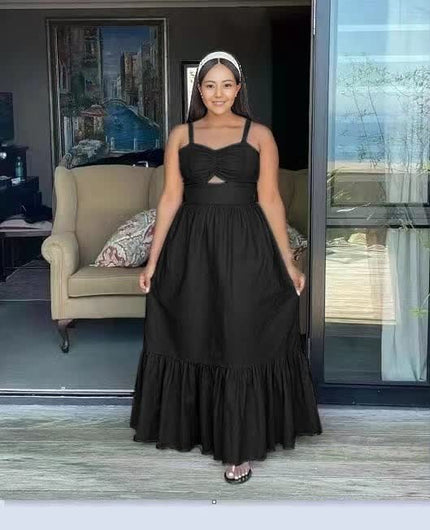 Black sleeveless maxi dress with bow at bust and tiered ruffle hem