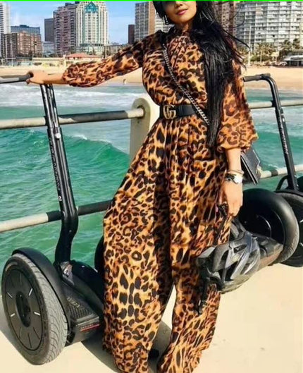 Leopard print long-sleeve jumpsuit with waist belt and button front