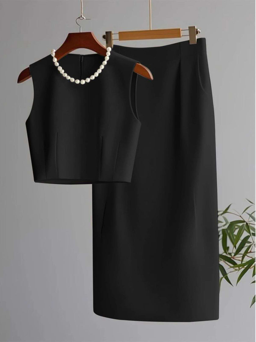 Black sleeveless cropped top and midi skirt set with pearl bead neckline