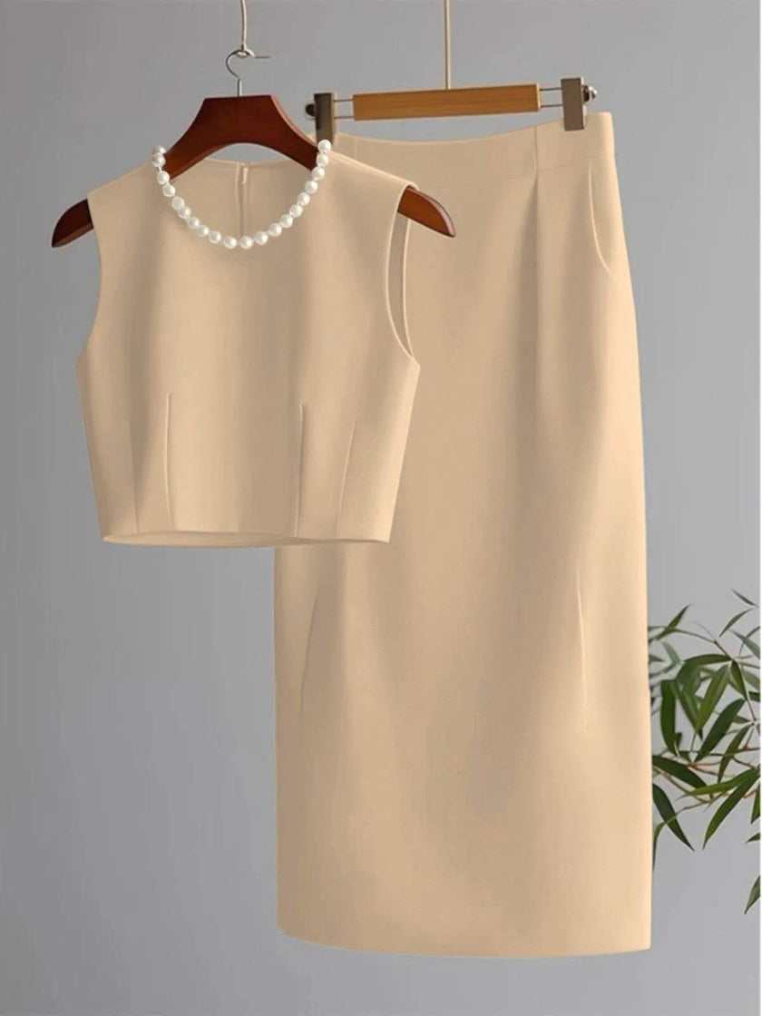Cream sleeveless cropped top and midi skirt set with pearl bead neckline