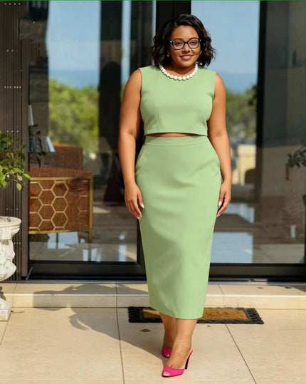 Mint-green sleeveless cropped top and midi pencil skirt set with pearl collar necklace