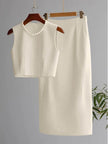 Ivory sleeveless cropped top and midi skirt set with pearl bead neckline