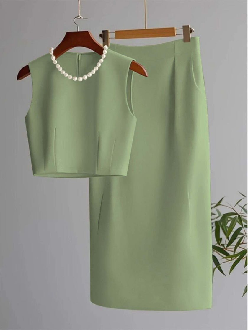 Mint-green sleeveless cropped top and midi skirt set with pearl bead neckline