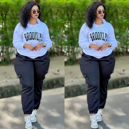 Loose casual hoodie set with letter print design, sporty style