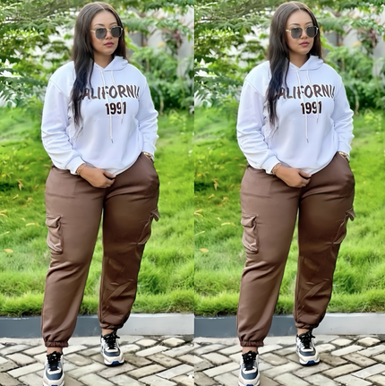 White hoodie with California 1991 print and brown cargo jogger pants, loose fit
