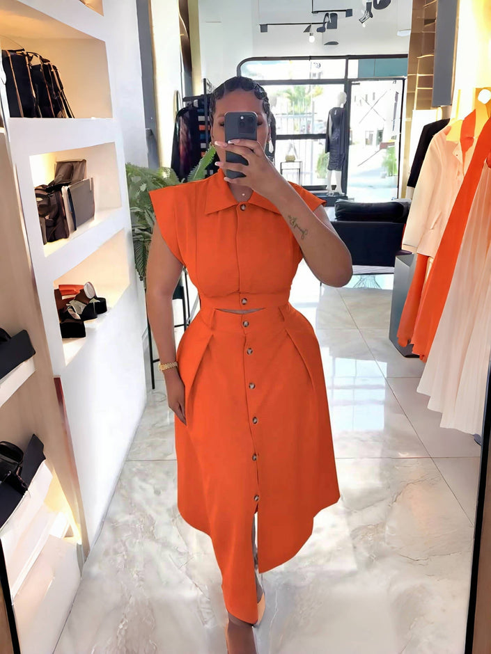 Orange-red midi button-front dress with asym skirt, short sleeves and belted waist