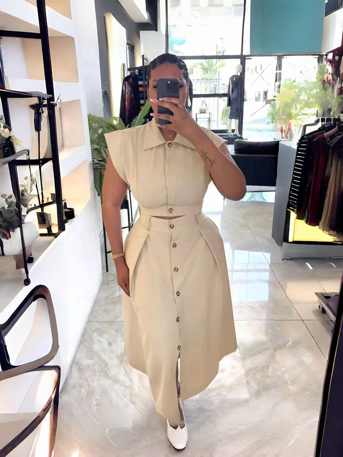 Beige midi button-front dress with asym skirt, short sleeves and belted waist