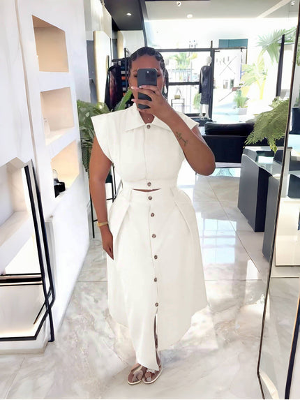 White midi button-front dress with asym skirt, short sleeves and belted waist