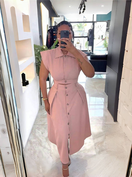 Light-pink midi button-front dress with asym skirt, short sleeves and belted waist