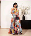 Women’s patchwork maxi dress with sleeveless multicolor patterned panels and ankle length hem