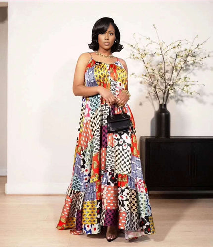 Women’s patchwork maxi dress with sleeveless multicolor patterned panels and ankle length hem