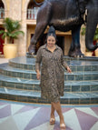 Leopard print shirt dress with button-front, collared V-neck, short sleeves