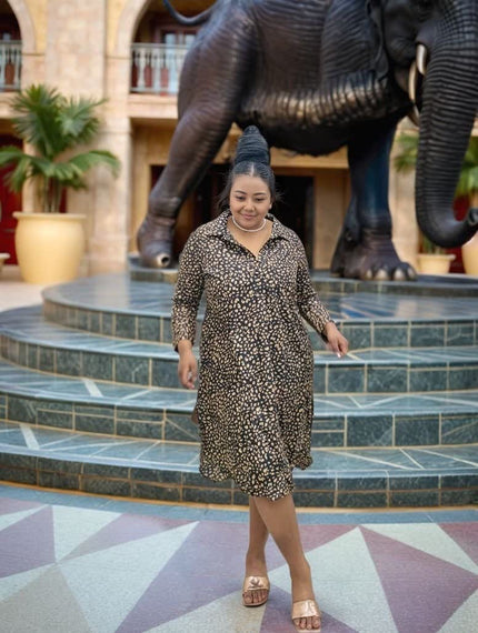 Leopard print shirt dress with button-front, collared V-neck, short sleeves