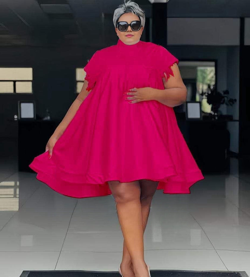 Loose A-Line Asymmetrical Hem Short Sleeve Dress