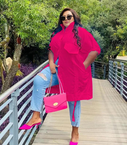 Deep-pink plus-size shirt dress with cuffed sleeves and chest pocket
