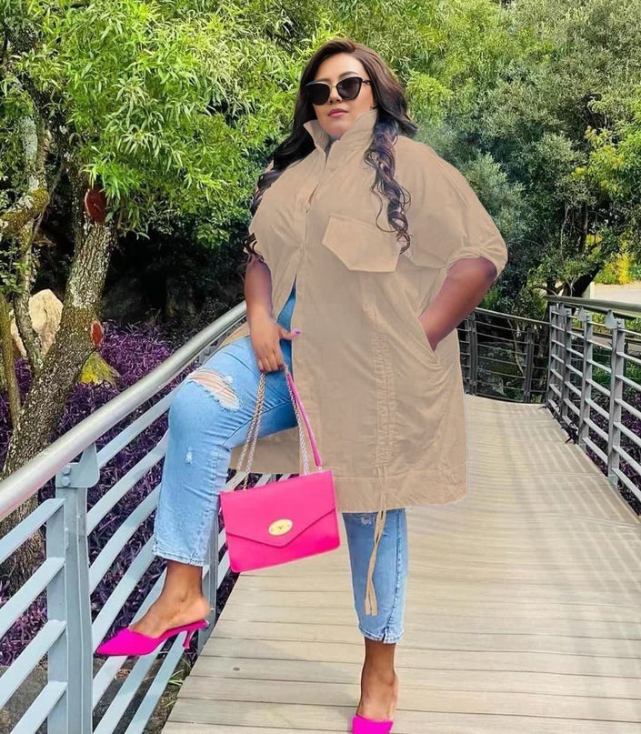 Nude plus-size shirt dress with cuffed sleeves and chest pocket