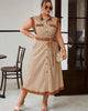 Printed belted midi shirt dress, sleeveless, collar and button-front, beige-brown