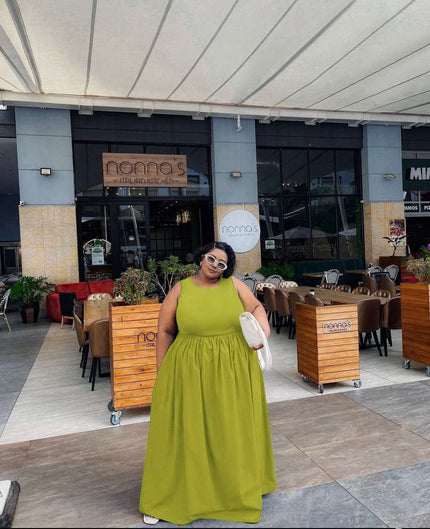 Yellow-green sleeveless maxi dress with gathered stretch waist and round neckline