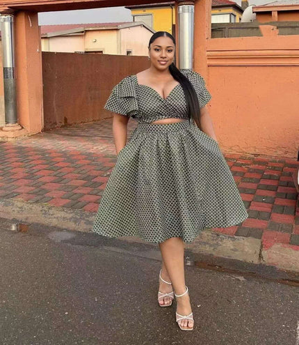 Geometric print twin set dress with V-neck puff sleeves, fitted top and A-line skirt