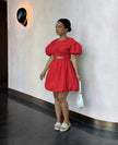 Red mini dress with puff sleeves and cut-out waist, gathered skirt