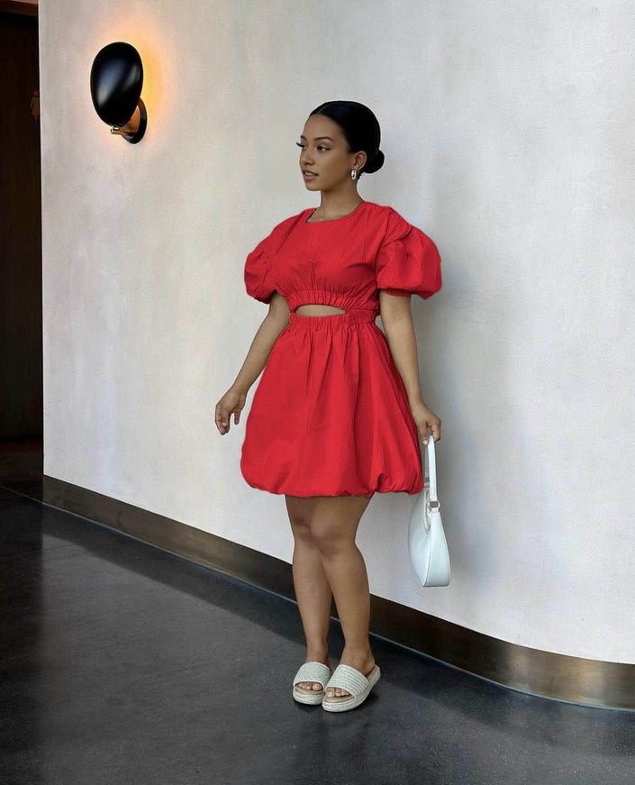 Red mini dress with puff sleeves and cut-out waist, gathered skirt