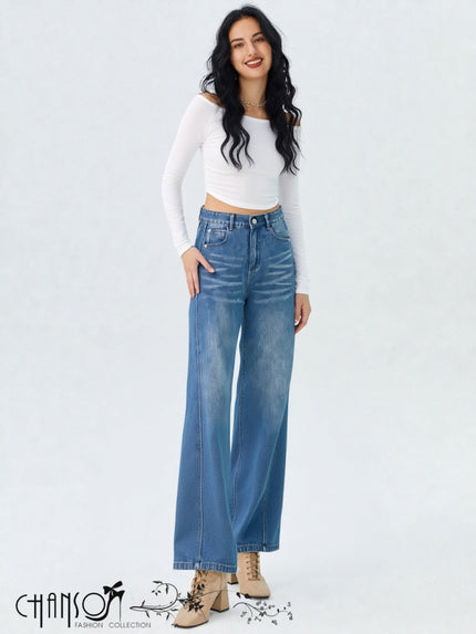 Blue wide-leg high-waist jeans with button closure and front pockets
