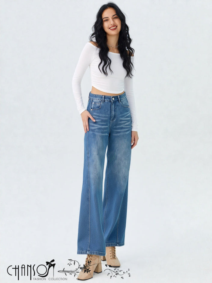 Blue high-waist wide-leg jeans with button closure and front pockets