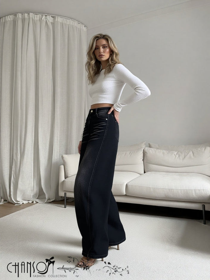 Black high-waist wide-leg jeans with button closure and front pockets
