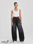 High-waist barrel-leg jeans, black wash with zipper fly and belt loops