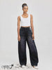 High-waist barrel-leg jeans, black wash with zipper fly and belt loops