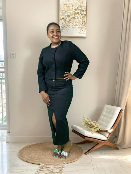 Black short button-front jacket with round neck and long sleeves