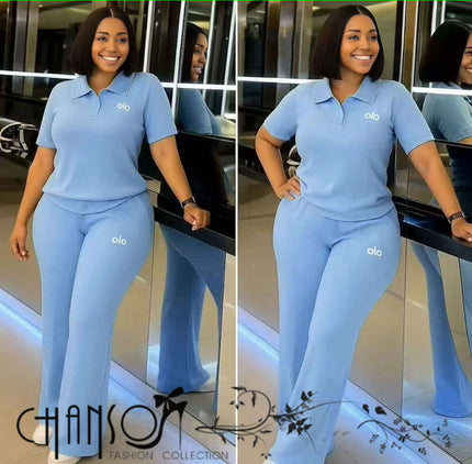 Baby blue knit polo top with short sleeves and matching flare pants set