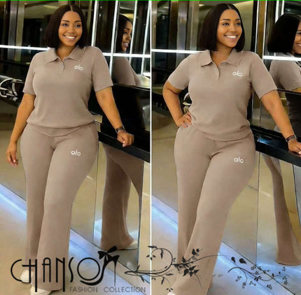 Khaki knit polo twin set with peplum-style top hem and flare pants