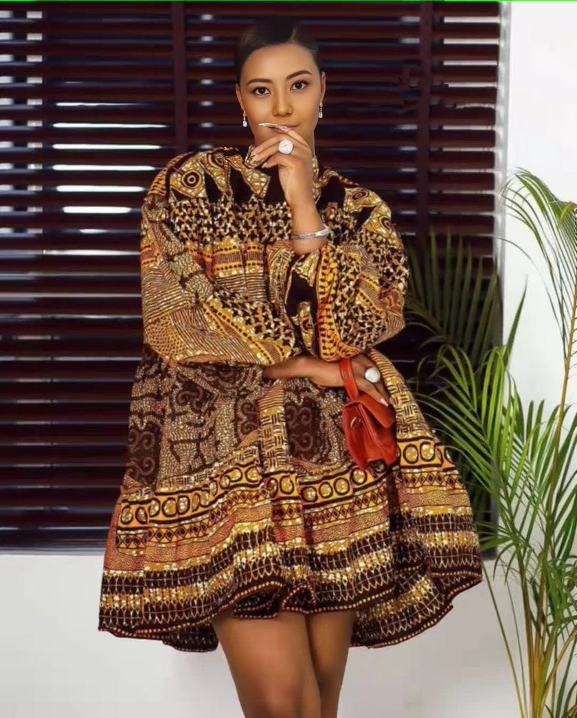 Patterned Long-Sleeve Open-Front Knee-Length Dress