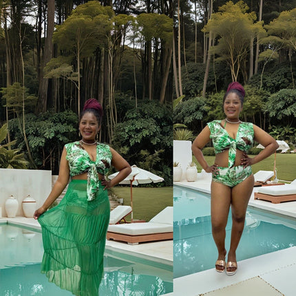 Green printed tie-front bikini set with matching high-rise bottoms and skirt