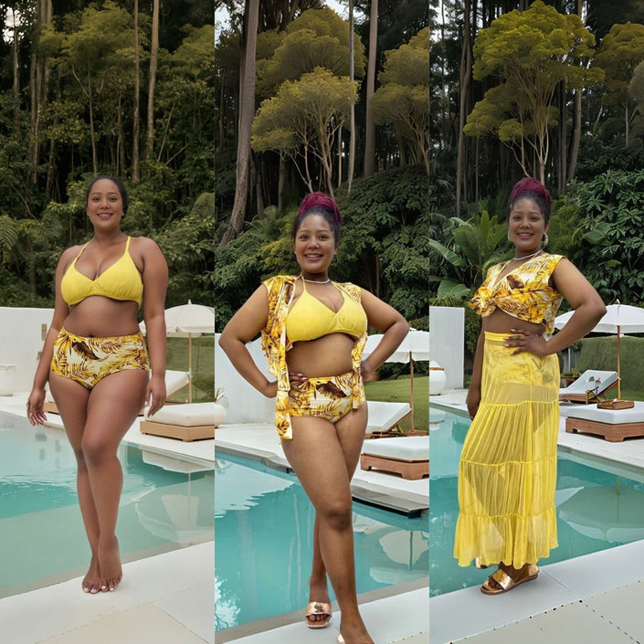 Yellow printed tie-front bikini set with ruffled tiered skirt cover-up