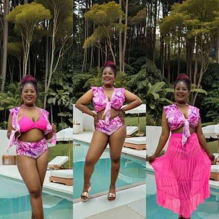 Tropical Print 4-Piece Swimsuit Set for Women | Bikini + Cover-Up + Ruffle Top + Sheer Skirt