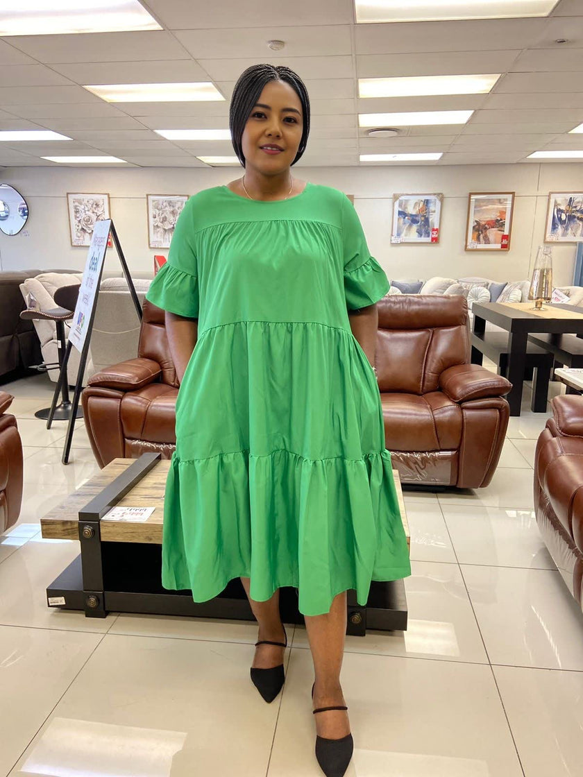 Women's Short Sleeve Ruffle Dress with Loose High-Waist Design