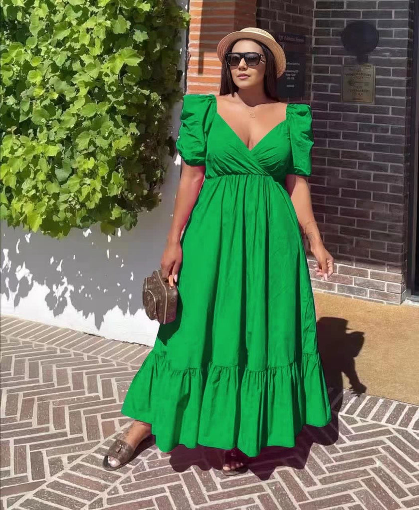 V-Neckline Maxi Dress with Puff Sleeves and Ruffle Hem Detailing