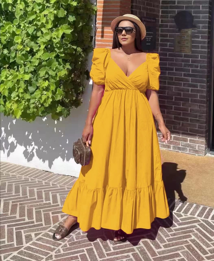 V-Neckline Maxi Dress with Puff Sleeves and Ruffle Hem Detailing