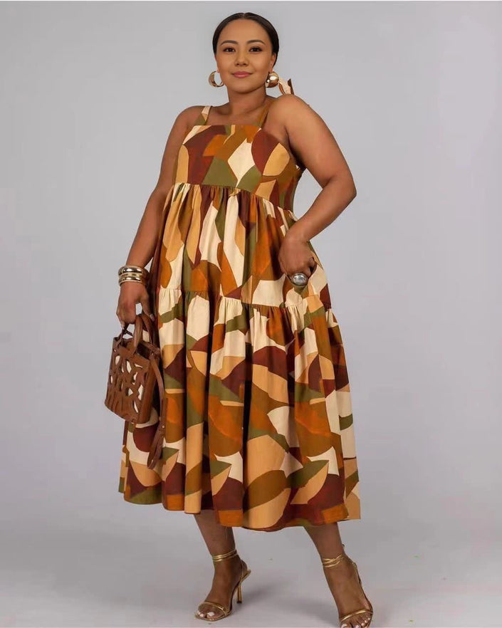 Abstract printed midi dress with halter straps, tiered gathered skirt, multicolor