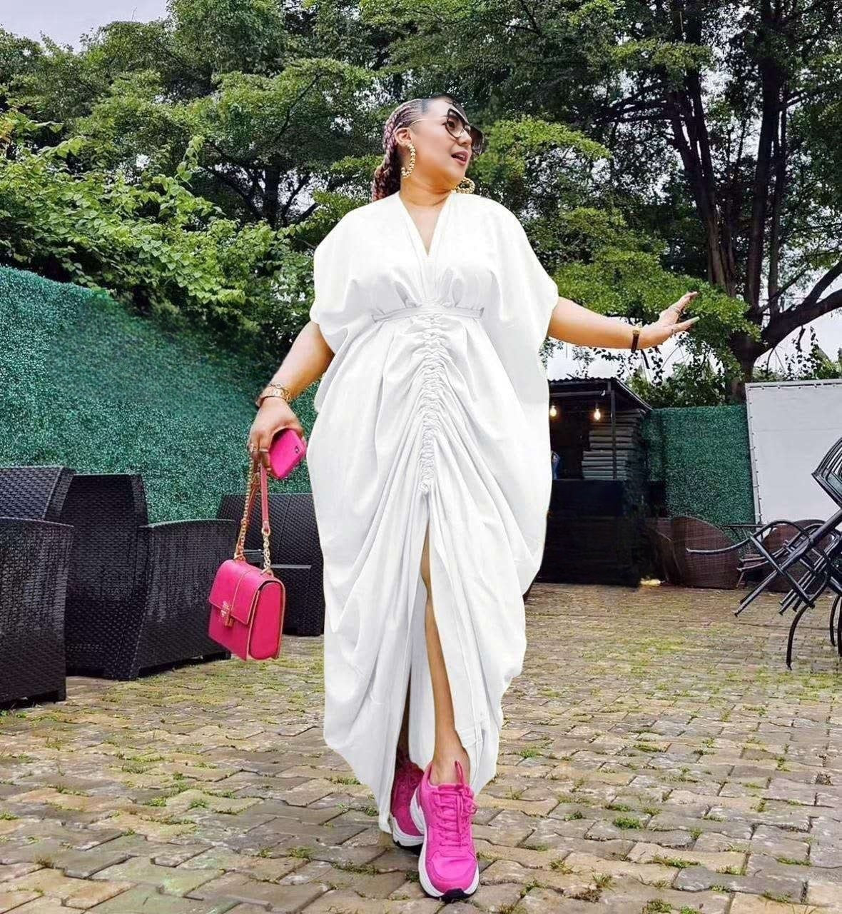 White ruched maxi dress with adjustable drawstring waist and front slit