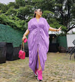 Purple ruched maxi dress with adjustable drawstring waist and front slit